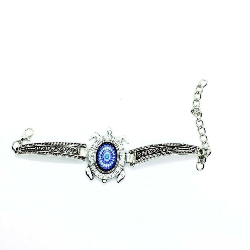 Boho Sea Turtle Rhinestone Silver-Tone Bracelet